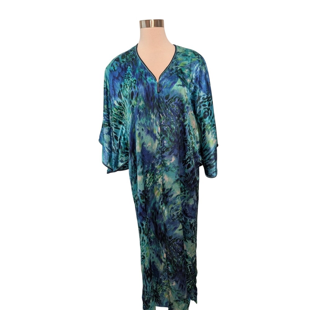 Oscar de la Renta Vtg Caftan Size M Blue Green Leopard Print Zip Front Luxury
